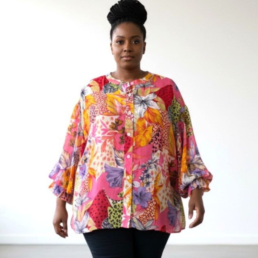 FATE Chiffon Bubble Sleeve button Front Blouse, NEW! Size 1X
